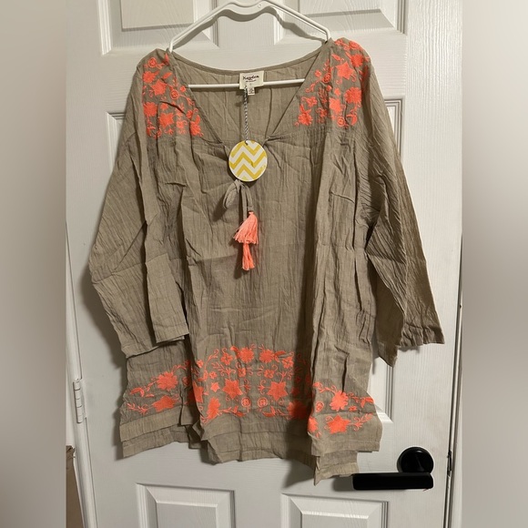 Hayden NWT Fringe Tan/Coral Tunic Boho Size 1XL 100% Cotton - Picture 1 of 5